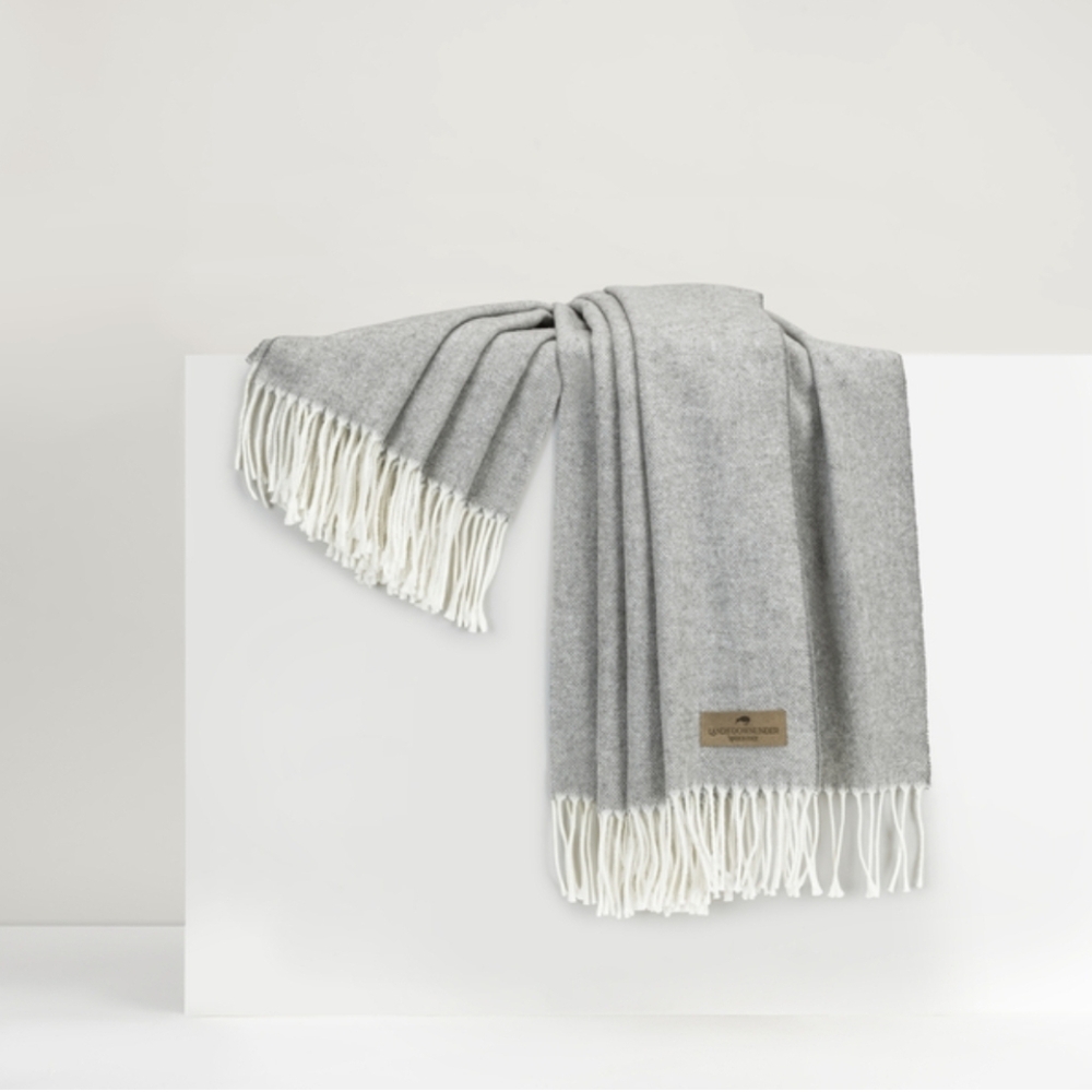 Lands Downunder Herringbone Throw Blanket. Gray White Made In Italy
